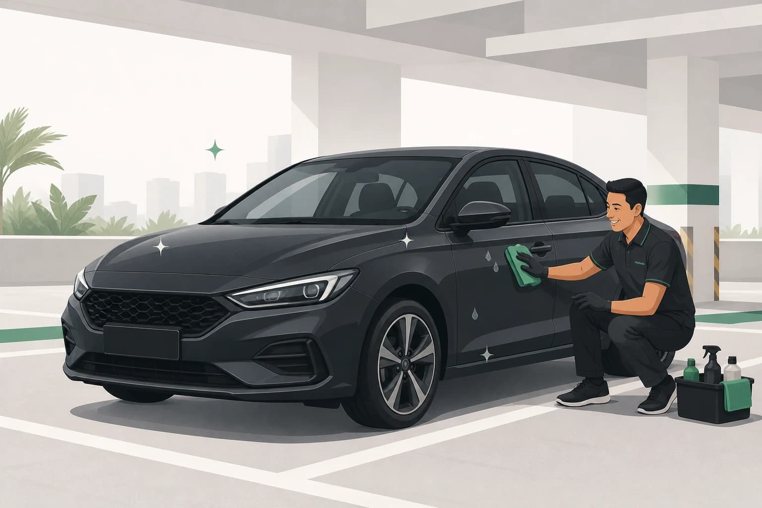 Illustration of a local wash partner carefully drying a freshly washed car in a multi-storey car park
